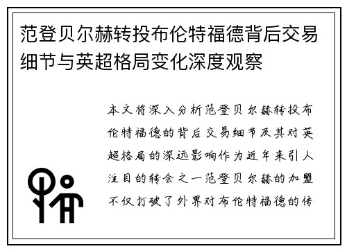 范登贝尔赫转投布伦特福德背后交易细节与英超格局变化深度观察